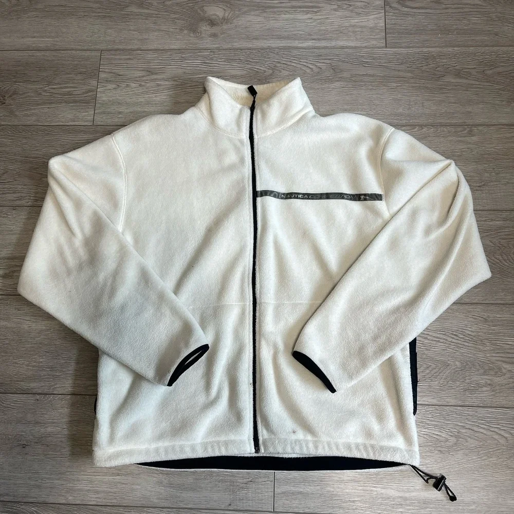 Vintage Nautica Competition Nautech White/Cream Fleece Made In USA Mens Large